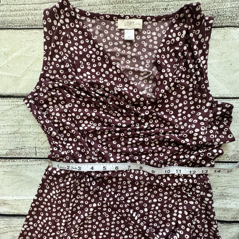 LOFT Petite Medium MP Burgundy Abstract Dot Cowl Neck Tie Waist Dress - Picture 12 of 15